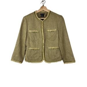 Ice Girl M Olive Green Tweed Raw Hem Wool Blend Open Blazer